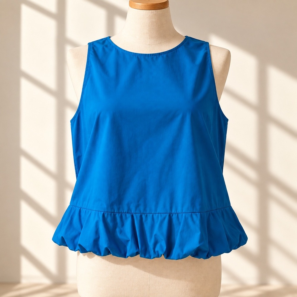 Maeve Anthropologie Blue Bubble Hem Sleeveless Blouse Top XL Keyhole Preppy